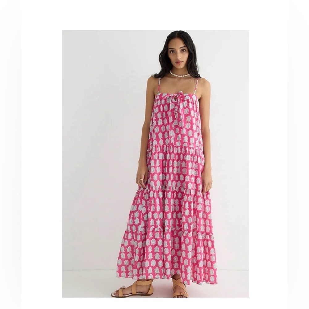 J Crew SZ Blockprints Tie Front Tiered Maxi Dress in Pink Print | Large